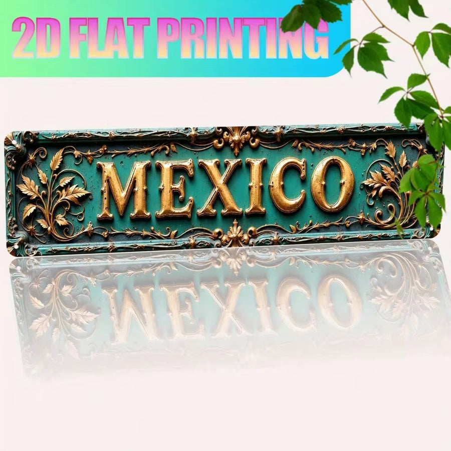 2D Flat, 1pc Vintage Mexico Decorative Sign - Teal & Golden Accent Mexican Wall Art Plaque, Durable Aluminum Metal Decor For Home, Farmhouse, Cafe, Garage - Easy Installation With Adhesive Or Screws - Perfect Gift For Mexico Lover